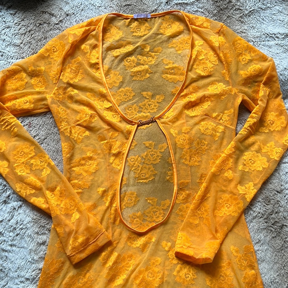 Savage by Fenty Strap Up Long-Sleeved Lace Slip. Color: Yellow Amber. Size: XS.